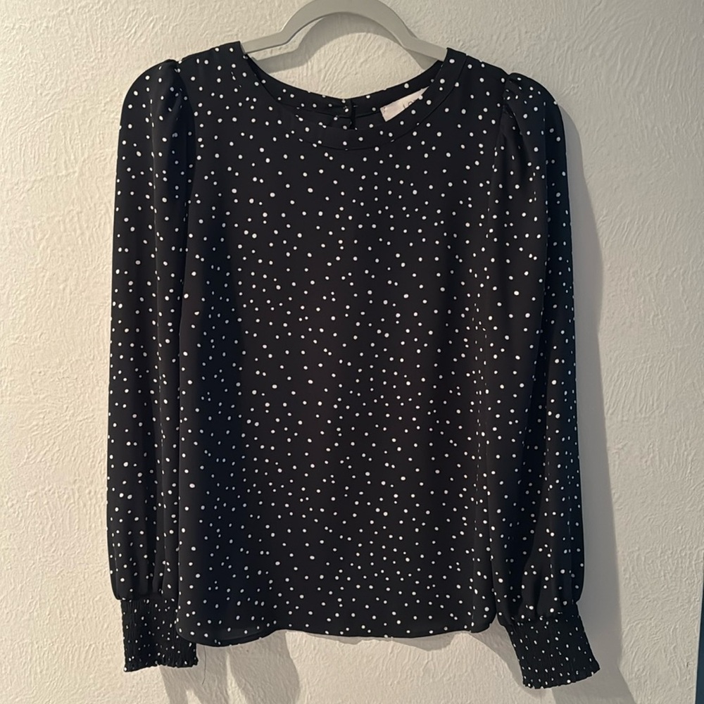 LOFT long sleeve black polka dot blouse, size small